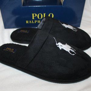 NIB POLO RALPH LAUREN MEN'S SLIP‎ ON LOGO HORSE SLIPPERS BLACK WHITE
